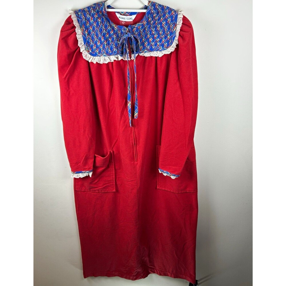 Vintage 80s Models Coat Red Flannel Nightgown Housedress Plaid Collar Pockets OS